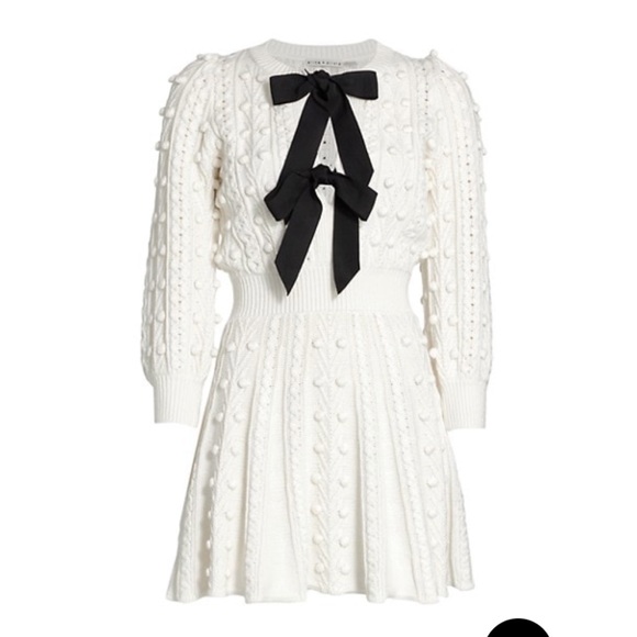 Alice + Olivia Kitty Bow Front Sweater Dress Cream - Picture 2 of 12